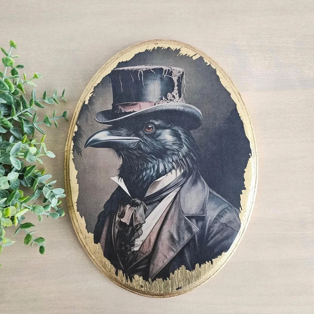 Victorian Raven Oval Plaque, Gothic Bird Art, Gold Leaf Dark Academia Decor